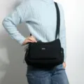 Black nylon multi-layer crossbody shoulder bag for women, casual daily travel handbag. - Black