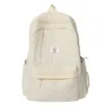 Stylish cream quilted backpack with cute bear patch, large capacity for school use - White