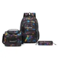 Conjunto escolar de 3 piezas con mochila bolsa de almuerzo y estuche con estampado colorido - Talla única / Negro azul y amarillo