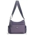 Purple nylon multi-layer crossbody shoulder bag with zipper pockets and removable strap. - Purple