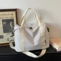 Grand sac de voyage à carreaux avec bandoulière réglable et poignées robustes - Blanc Cassé