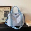 Grand sac de voyage cabas à carreaux décontracté avec bandoulière et poignées pour femmes - Bleu