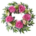 Detailed view of artificial pink peony and anthurium wreath for spring home wall decor - Rose Red