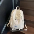 Minimalist cream nylon backpack for students with large capacity and drawstring detail. - Off White