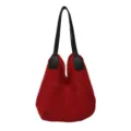 Red knitted crochet tote bag with black leather handles, vintage style shoulder bag for women. - Burgundy