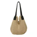 Woven shoulder tote bag for women, retro knit beach handbag for casual summer vacation. - Khaki