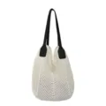 Hollow knit tote bag, beige crochet shoulder bag with black leather handles for casual daily use - Off White