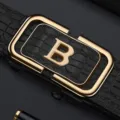 Macro detail showing gold letter B buckle on black men's crocodile embossed leather belt - Letter B Buckle Crocodile Pattern / Gold Buckle Black Belt (Crocodile Pattern) / 120cm