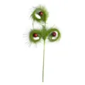 Artificial green feathery Christmas pick with three red glitter ball ornaments for tree - 3 Branches / Green