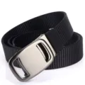 Close-up of black woven belt strap with sleek gunmetal grey automatic alloy buckle - Automatic Buckle Braided Belt (0256) / Black