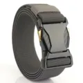 Close-up detail of the tactical quick-release buckle on a grey elastic woven belt - 125cm / Gray