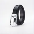 Close-up detail of a minimalist black genuine leather belt with a polished silver pin buckle - 138 Pattern Round Buckle Style / 3.0cm Width / 105cm Length