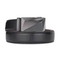 Detailed view of black genuine leather men's belt with geometric automatic buckle - 120cm / Geometric Faceted Automatic Buckle (B181) / Black