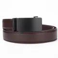 Close-up of dark brown leather belt with matte black automatic buckle and fine texture. - PD1681 Lychee Pattern / 110cm / Brown
