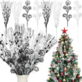 36 Stk. Weihnachts Glitzer Beeren Zweige Schwarz Weiß Spiralen Tannenbaum Deko Ornament - 36-teiliges Set / Schwarz Weiß