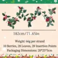 Artificial Christmas garland with red berries and frosted leaves, 182cm long festive decor - 1 Piece / Green