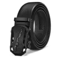 Macro view of professional men's black automatic buckle belt with panther emblem. - Matte Style 1 (Leopard Emboss) / 120cm