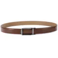 Professional detail of a men's brown leather belt with sleek gunmetal automatic buckle - 110cm / Tan