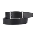 Detailed view of a black genuine leather belt for men with a silver automatic buckle - 215 Smooth Texture / 110cm