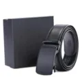 Detailed view of men's automatic leather belt with carbon fiber buckle and box - AK14 Texture 6 Gift Box Set / 120cm