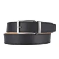 Detailed view of a men's black textured leather belt with a brushed metal buckle. - 251 Twill Texture / 110cm