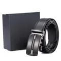 Detail view of a premium men's leather belt with automatic buckle and black gift box - AK14 Texture 8 Gift Box Set / 120cm