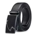 Close-up view of black men's leather belt featuring lychee grain and matte black buckle - Matte Style 2 (S-Curve) / 120cm