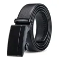 Detailed view of men's black automatic buckle belt featuring premium lychee texture. - Matte Style 3 (Double Stripes) / 120cm