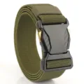 Close-up of olive green tactical belt with black quick-release buckle and elastic nylon - 125cm / Army Green