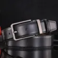High-quality men's genuine leather belt featuring a classic silver-tone needle buckle - Black (Gunmetal Buckle) / 120cm