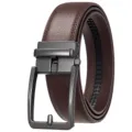 Macro detail shot showing the textured brown leather and dark gunmetal automatic buckle. - Matte Gunmetal (Brown Belt Pattern 20) / 110-130CM