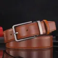 Classic brown genuine leather belt with stylish silver pin buckle for men - Tan (Gunmetal Buckle) / 120cm