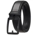 Close-up of a men's black leather ratchet belt featuring a sleek matte automatic buckle - Matte Black (Black Belt Pattern 20) / 110-130CM