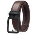 Detailed view of brown leather belt with black matte automatic buckle mechanism - Matte Black (Brown Belt Pattern 20) / 110-130CM