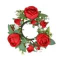 Elegante corona de anillos de velas de capullo de rosa roja artificial para bodas - Rojo