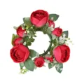 Corona de anillo de vela de capullo de rosa roja artificial para decoración de boda y mesa - Rosa rojo