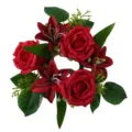 Elegant red artificial rose and lily floral candle ring wreath for wedding and holiday table decor - Red Rolled Rose and Lily Wreath