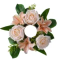 Elegant champagne artificial rose and lily wreath for candle holder wedding decoration. - Champagne Rolled Rose & Lily Wreath
