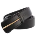 Close-up of a men's black genuine leather belt with a matte automatic buckle detail. - Style 2 (Matte Black Gold Bar) / 110cm
