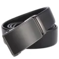 Detailed macro shot of men's genuine leather belt with sleek black automatic buckle. - Style 3 (Dark Gunmetal Matte) / 110cm