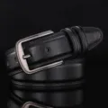 Classic black genuine leather men's belt with retro metallic pin buckle for jeans. - 110cm / Black (60 Texture)