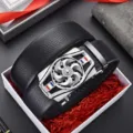 Close-up of men's leather belt featuring a rotating fan buckle inside a red gift box - 110cm / Windmill Racing Silver (110cm)