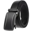 Detailed macro view of high-quality men's genuine leather belt with sleek black automatic buckle - 120cm / All Black Brushed Style