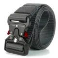 Detailed view of heavy duty quick release metal buckle on dark gray nylon tactical belt - 125cm / Grey (Red Release)