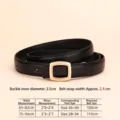 Minimalist black women leather belt with gold square buckle and size chart information - 100cm / Black