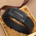 Black leather belt with crocodile pattern and automatic metal buckle in a gift box - Gunmetal Buckle Black Belt (1261K10)