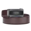 Detail view of Cask Knitter men's dark brown leather belt with sleek automatic buckle - Blue-Grey Buckle (14-Pattern) / 110cm / Brown