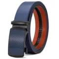 Blue textured leather belt with black automatic buckle and orange lining - 110cm / Blue Plain Style
