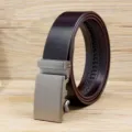 Close-up side view of premium dark brown leather belt with a matte silver automatic buckle - Brown (Style 02) / 110cm