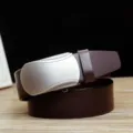 Macro view of brushed silver automatic buckle on premium brown cowhide leather belt - Brown (Style 04)